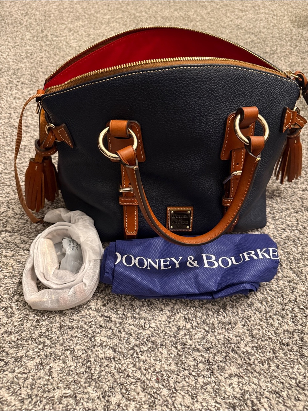 Dooney & Bourke Navy Leather Satchel with Brown Trim - Picture 4 of 5
